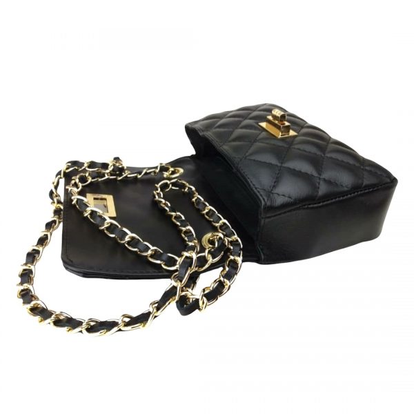 italiensk lædertaske, quiltet taske, quiltet lædertaske, made in italy, taske fra italien, crossover, moderigtig lædertaske, modetaske, taske med kæde, taske med guldkæde