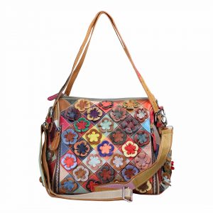 Lædertaske med blomster, Blomster, blomstertaske, blomster taske, taske med blomster, lædertaske, multifarver lædertaske