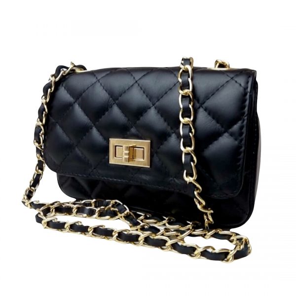 italiensk lædertaske, quiltet taske, quiltet lædertaske, made in italy, taske fra italien, crossover, moderigtig lædertaske, modetaske, taske med kæde, taske med guldkæde