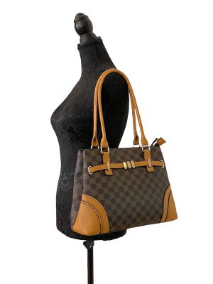 skuldertaske med lang rem, crossbody taske, crossover taske, skuldertaske, taske med print, logo taske, brun taske