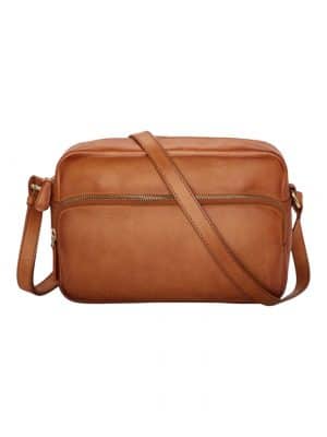 crossbody taske med forlomme, crossbody taske i læder, cognac crossbody taske, pia ries crossbody taske