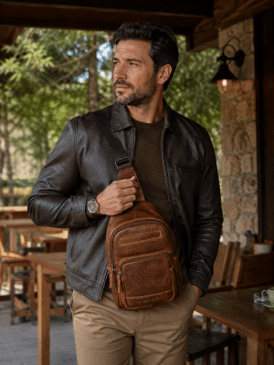 sling bag i læder, sling bag, herre taske, unisex taske, cognac sling bag, rummelig sling bag,